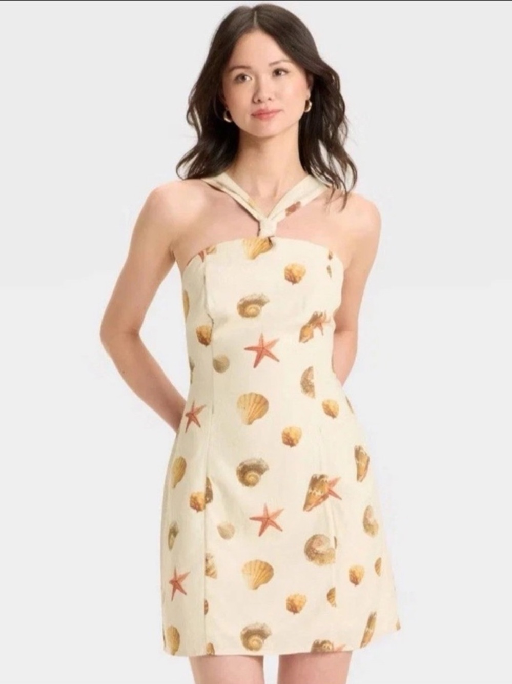Wild Fable Knotted Y-Neck Linen Mini A-Line Dress